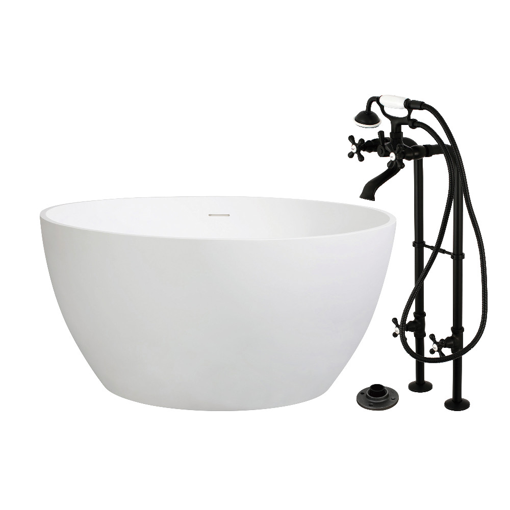 KRTRO4545266K0 45.53 x 45.53 x 22.43 in. Solid Surface Round Double Ended Freestanding Tub with Faucet Combo & Drain, Matte Black