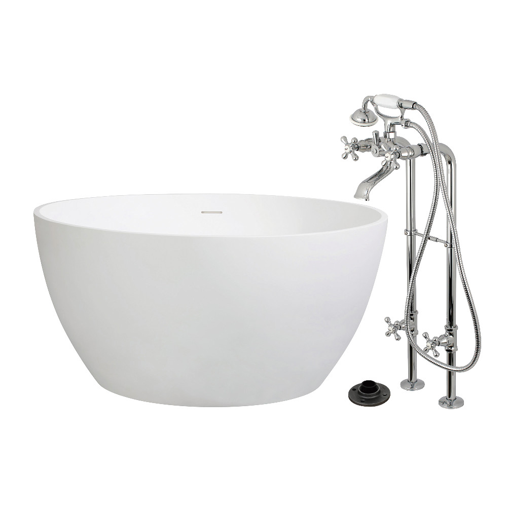 KRTRO4545266K1 45.53 x 45.53 x 22.43 in. Solid Surface Round Double Ended Freestanding Tub with Faucet Combo & Drain, Polished Chrome