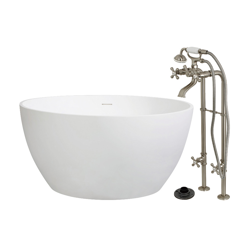 KRTRO4545266K8 45 in. Solid Surface Round Double Ended Freestanding Tub with Faucet Combo & Drain - Brushed Nickel