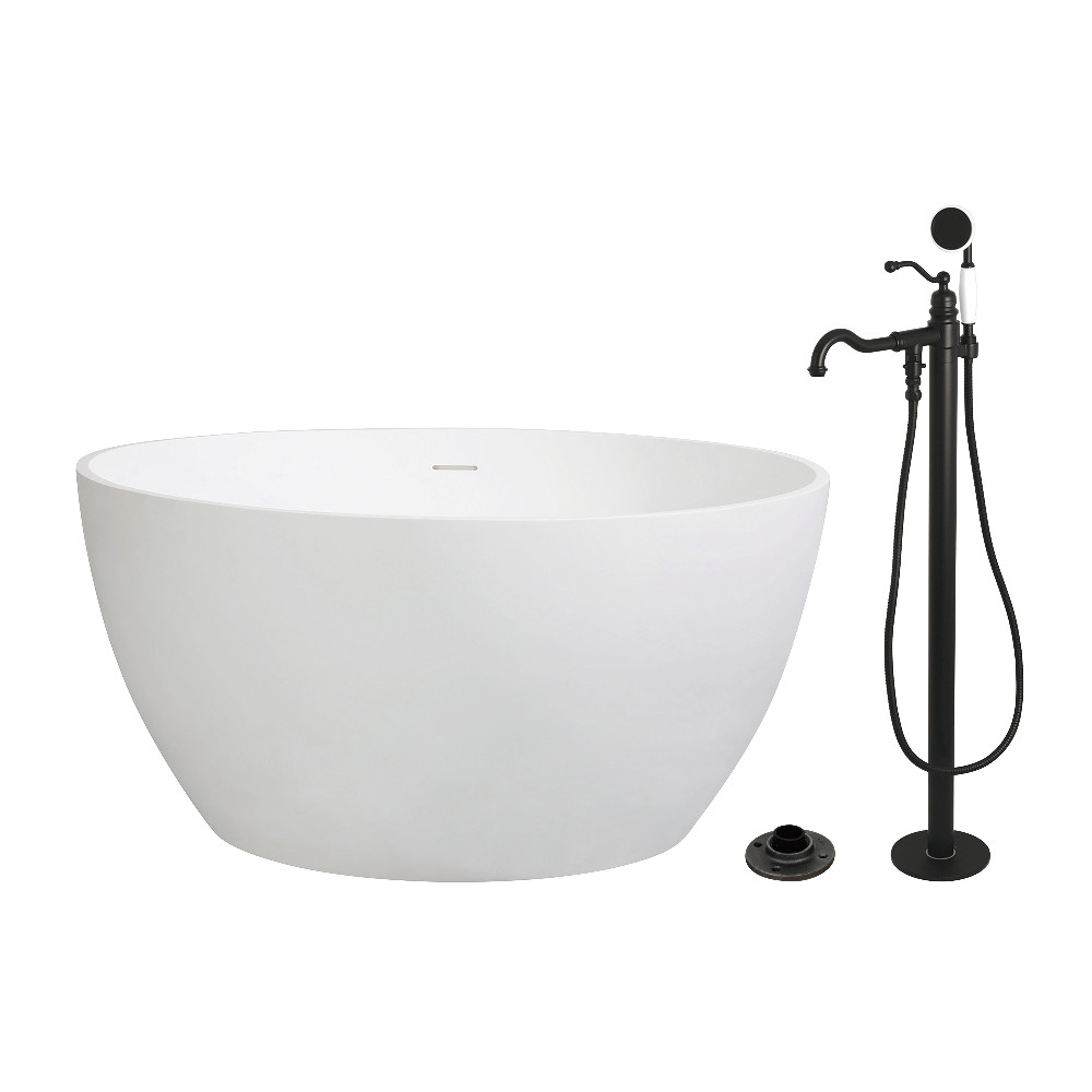 KRTRO4545130AL 45.53 x 45.53 x 22.43 in. Solid Surface Round Double Ended Freestanding Tub with Faucet Combo & Drain - Matte Black