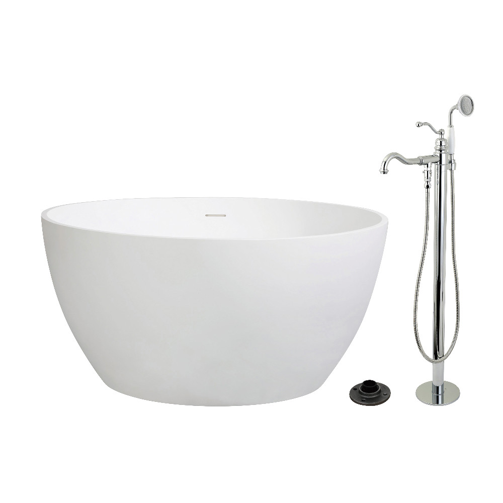 KRTRO4545131AL 45.53 x 45.53 x 22.43 in. Solid Surface Round Double Ended Freestanding Tub with Faucet Combo & Drain - Polished Chrome