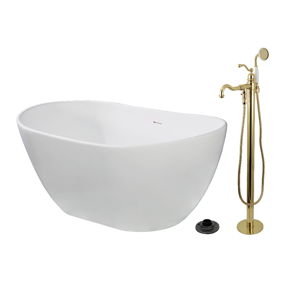 KRTRS5732132AL 57 in. Solid Surface Oval Double Slipper Freestanding Tub with Faucet Combo & Drain - Polished Brass