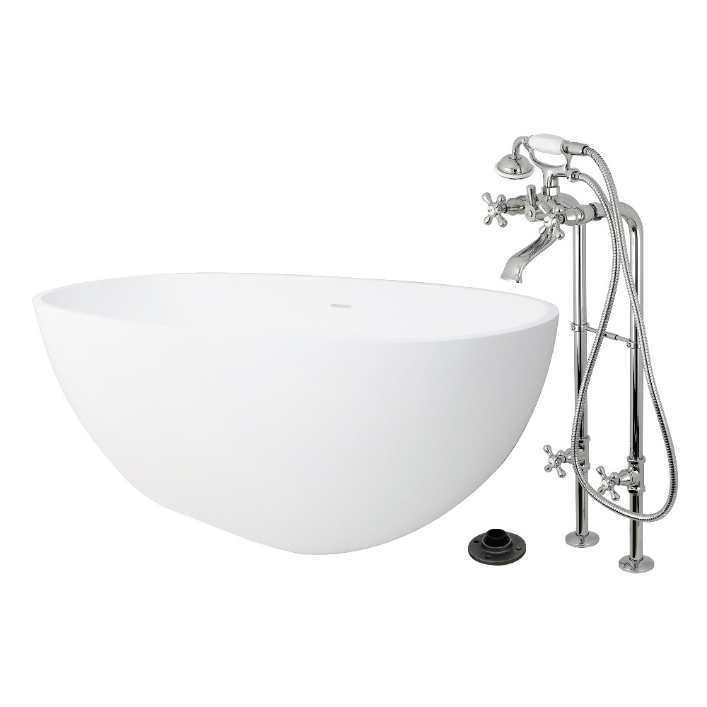KRTRS6531266K1 64.93 x 31.87 x 22.43 in. Solid Surface Oval Double Ended Freestanding Tub with Faucet Combo & Drain - Polished Chrome