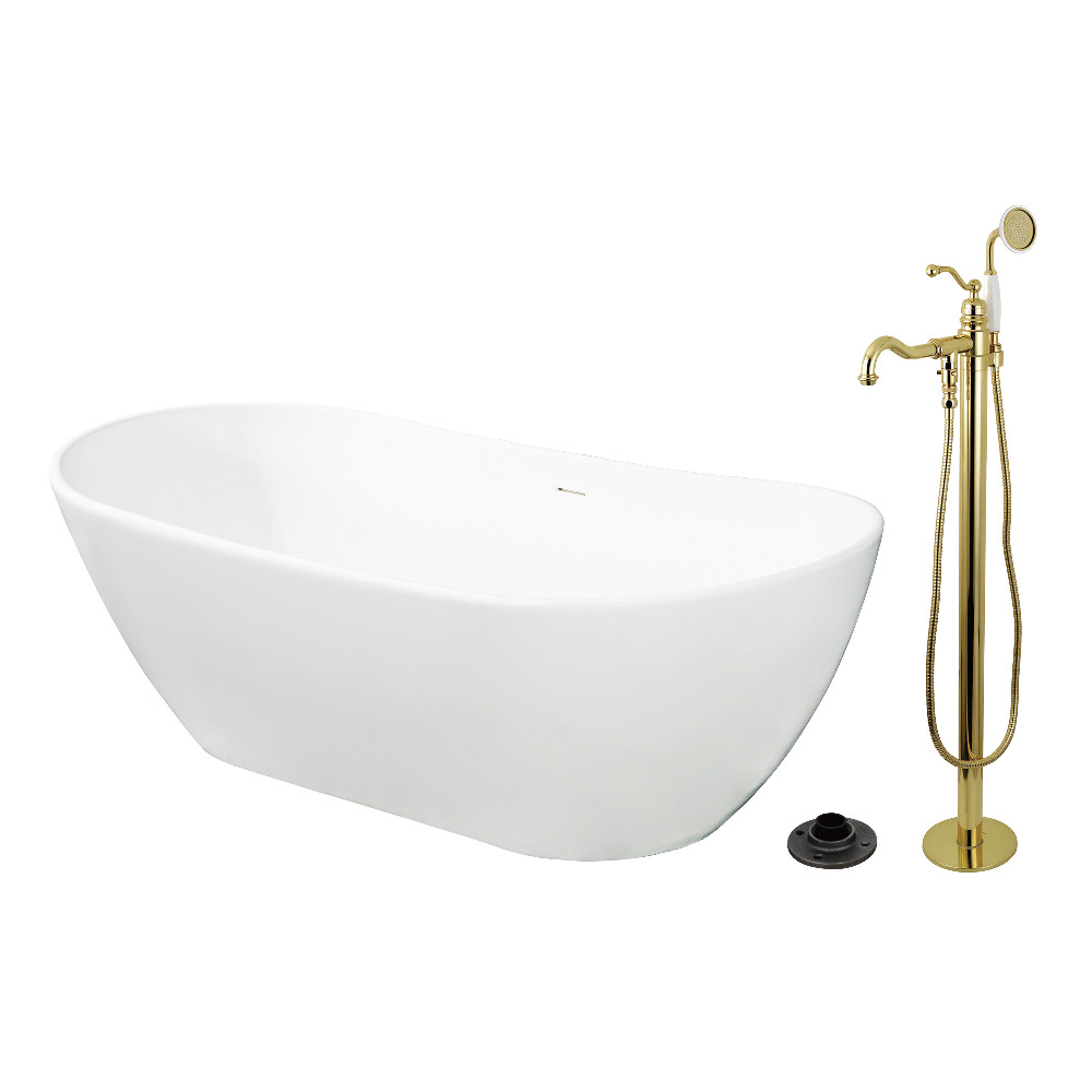KRTRS7232132AL 72 in. Solid Surface Oval Double Ended Freestanding Tub with Faucet Combo & Drain - Polished Brass