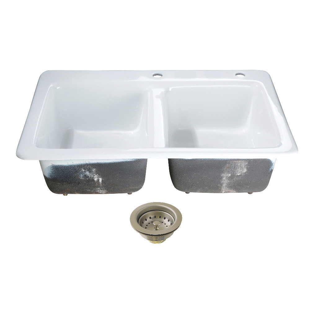 Picture of Kingston Brass KGT33229D28 Cast Iron Self-Rimming Double Bowl Drop-In Kitchen Sink with Basket Strainers - White & Brushed Nickel