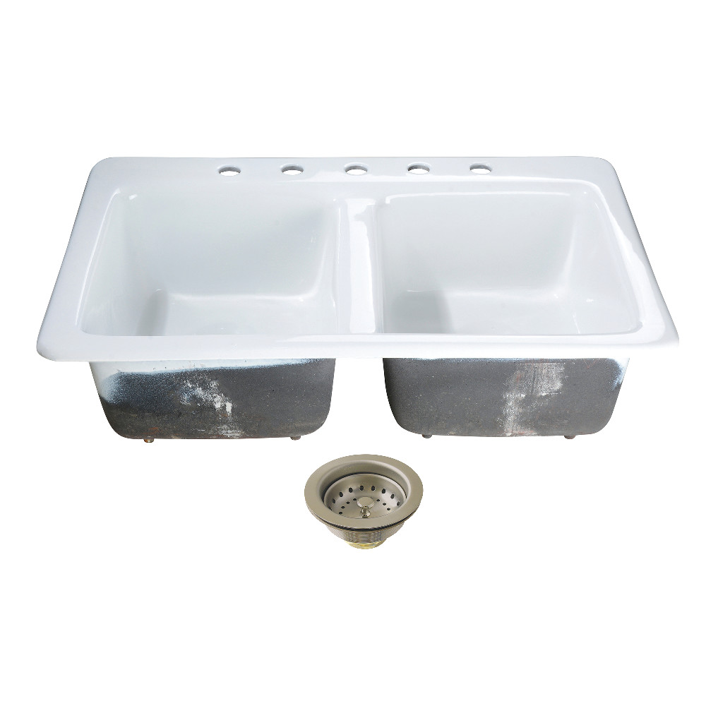 Picture of Kingston Brass KGT33229D58 33 x 22 x 9.06 in. Cast Iron Self-Rimming Double Bowl Drop-In Kitchen Sink with Basket Strainers - White & Brushed Nickel