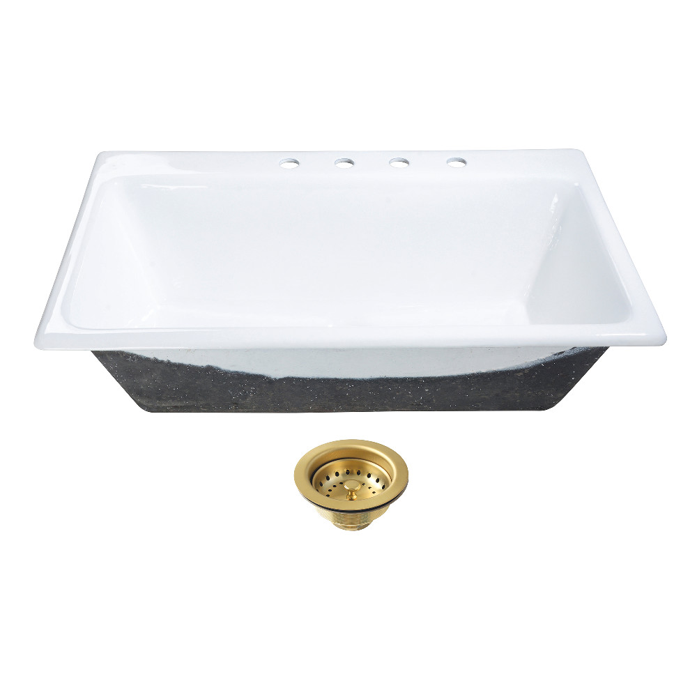 Picture of Kingston Brass KGCKTS3622117 Towne 36 in. Cast Iron Self-Rimming Single Bowl Drop-In Kitchen Sink with Strainer - White & Brushed Brass