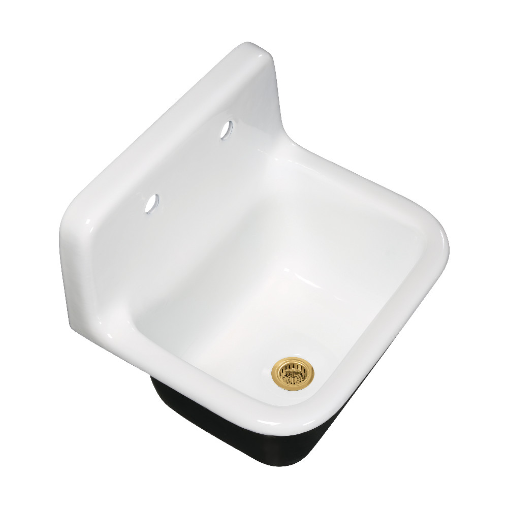 Picture of Kingston Brass KGCKWS2218227 Petra Galley 22 in. Cast Iron Single Bowl Wall Mount Kitchen Sink with Strainer - White & Brushed Brass