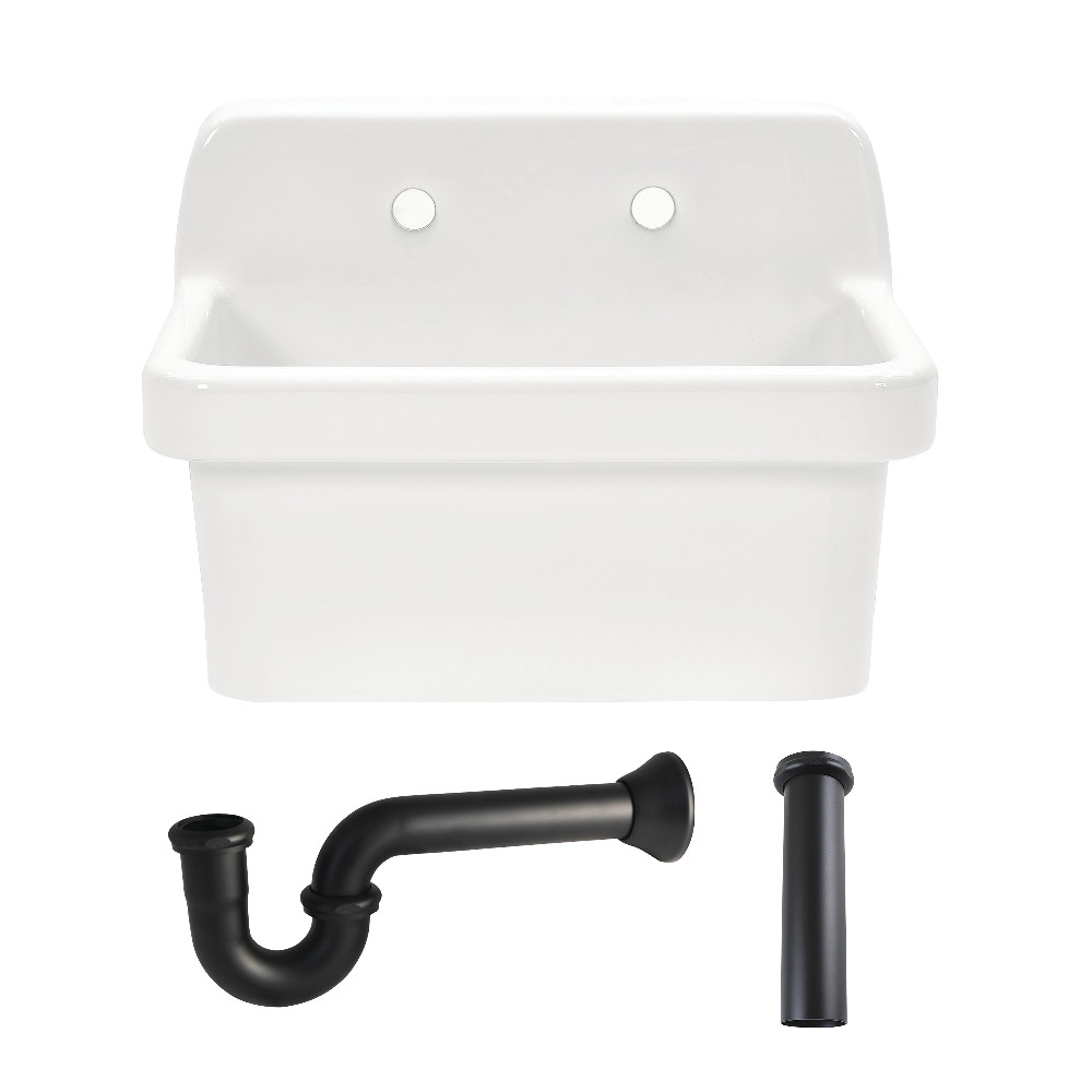 Picture of Kingston Brass KGPKWS2419170 Doriteal 24 in. Ceramic Single Bowl Wall Mount Kitchen Sink with Strainer - White & Matte Black