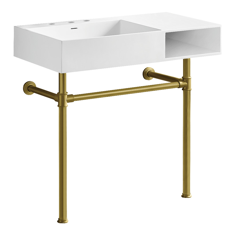 KVPB3368SQA87 36.62 x 20.87 x 36.75 in. Aurelius Solid Surface Console Sink with Stainless Steel Legs - Matte White & Brushed Brass