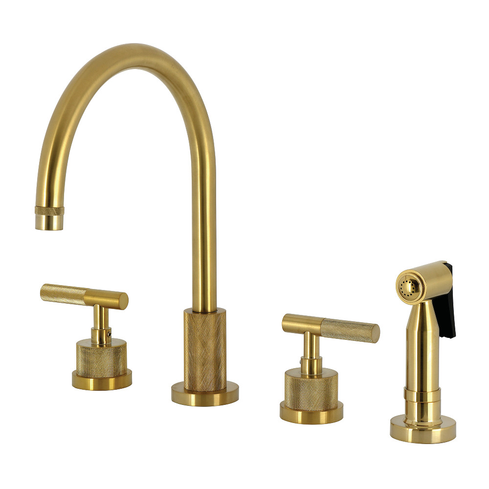Picture of Kingston Brass KS8727KNLBS Convergent Double-Handle Widespread Kitchen Faucet with Knurled Handle & Brass Sprayer - Brushed Brass