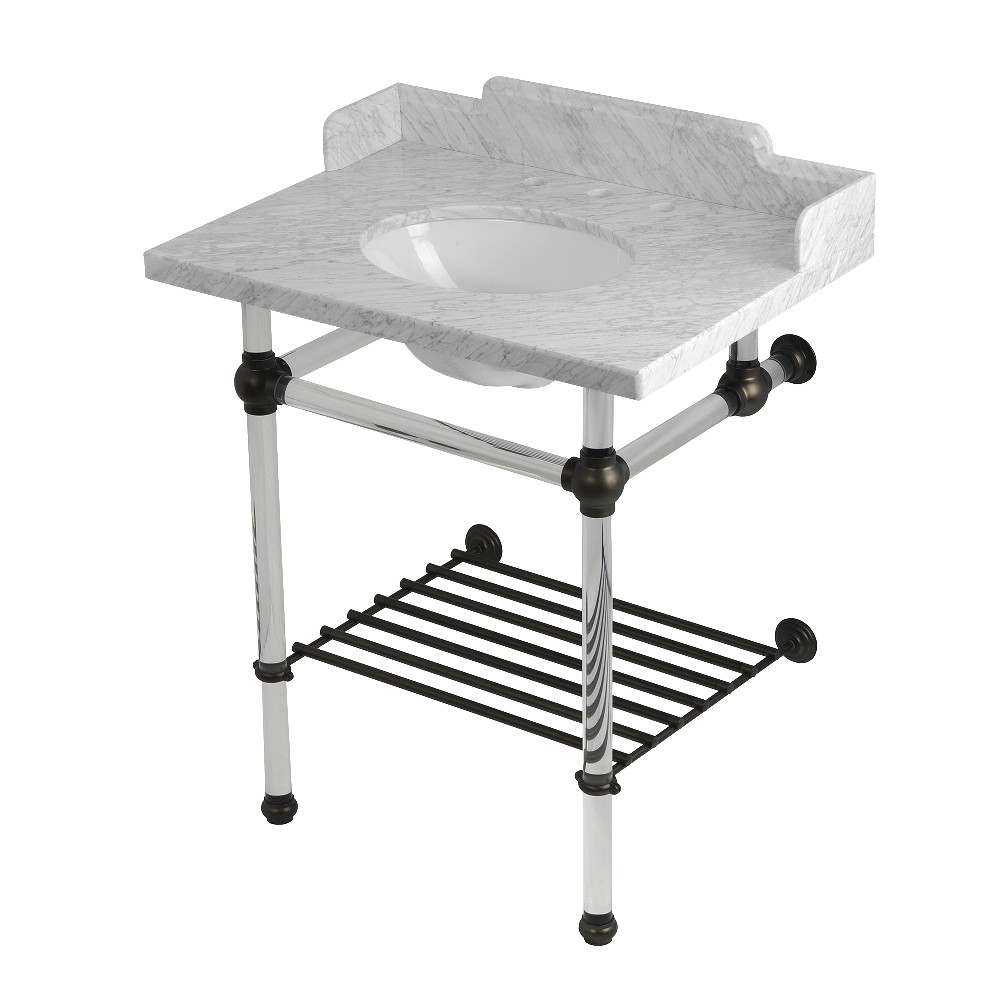LMS30MAB5 Pemberton 30 in. Carrara Marble Console Sink with Acrylic Legs & Shelf - Carrara Marble White & Oil Rubbed Bronze