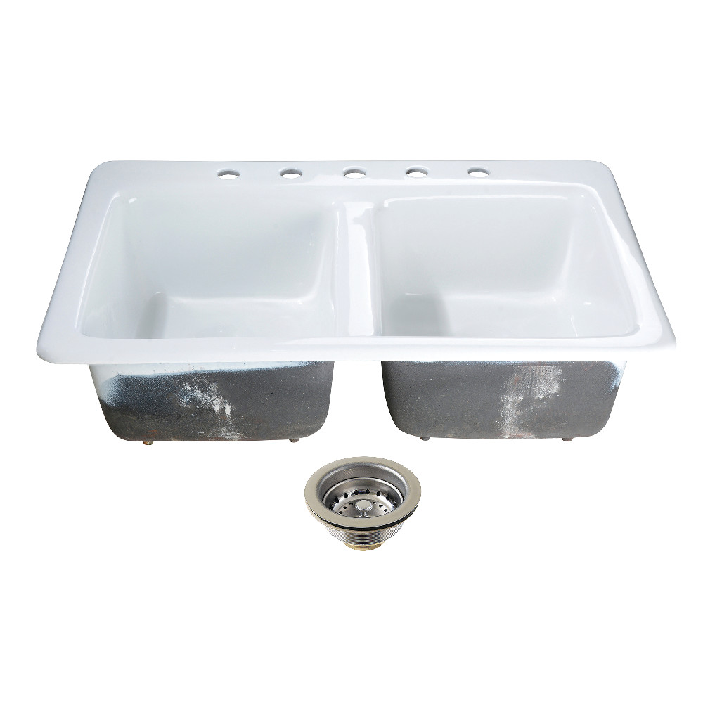Picture of Kingston Brass KGT33229D51 33 x 22 x 9.06 in. Cast Iron Self-Rimming Double Bowl Drop-In Kitchen Sink with Basket Strainers - White & Polished Chrome