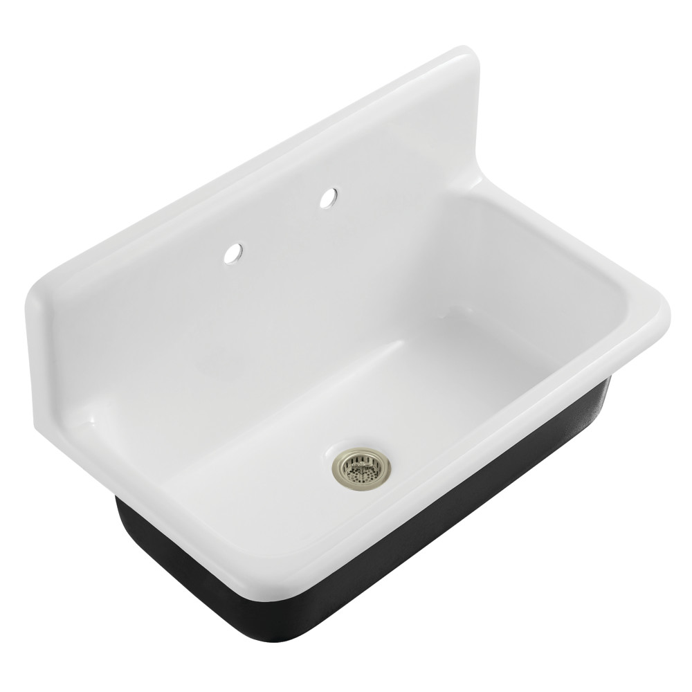 Picture of Kingston Brass KGCKWS3620118 Petra Galley 36 in. Cast Iron Single Bowl Wall Mount Kitchen Sink with Strainer - White & Brushed Nickel