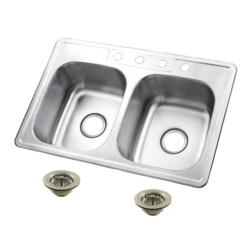 Picture of Kingston Brass KGKTD332278 Studio 33 in. Stainless Steel Self-Rimming Double Bowl Drop-In Kitchen Sink with Strainer - Stainless Steel & Brushed Nickel
