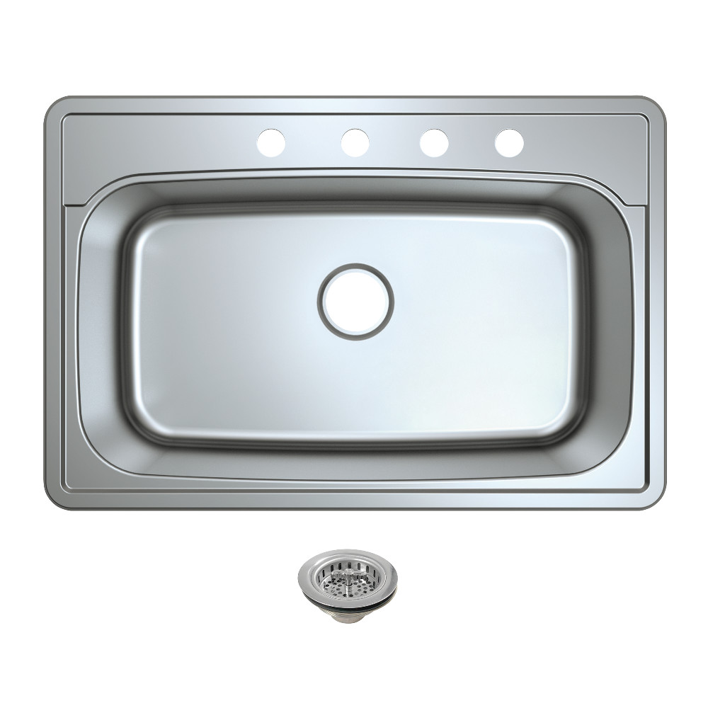 Picture of Kingston Brass KGKTS3322901 33 in. Stainless Steel Self-Rimming Single Bowl Drop-In Kitchen Sink with Strainer - Stainless Steel & Polished Chrome