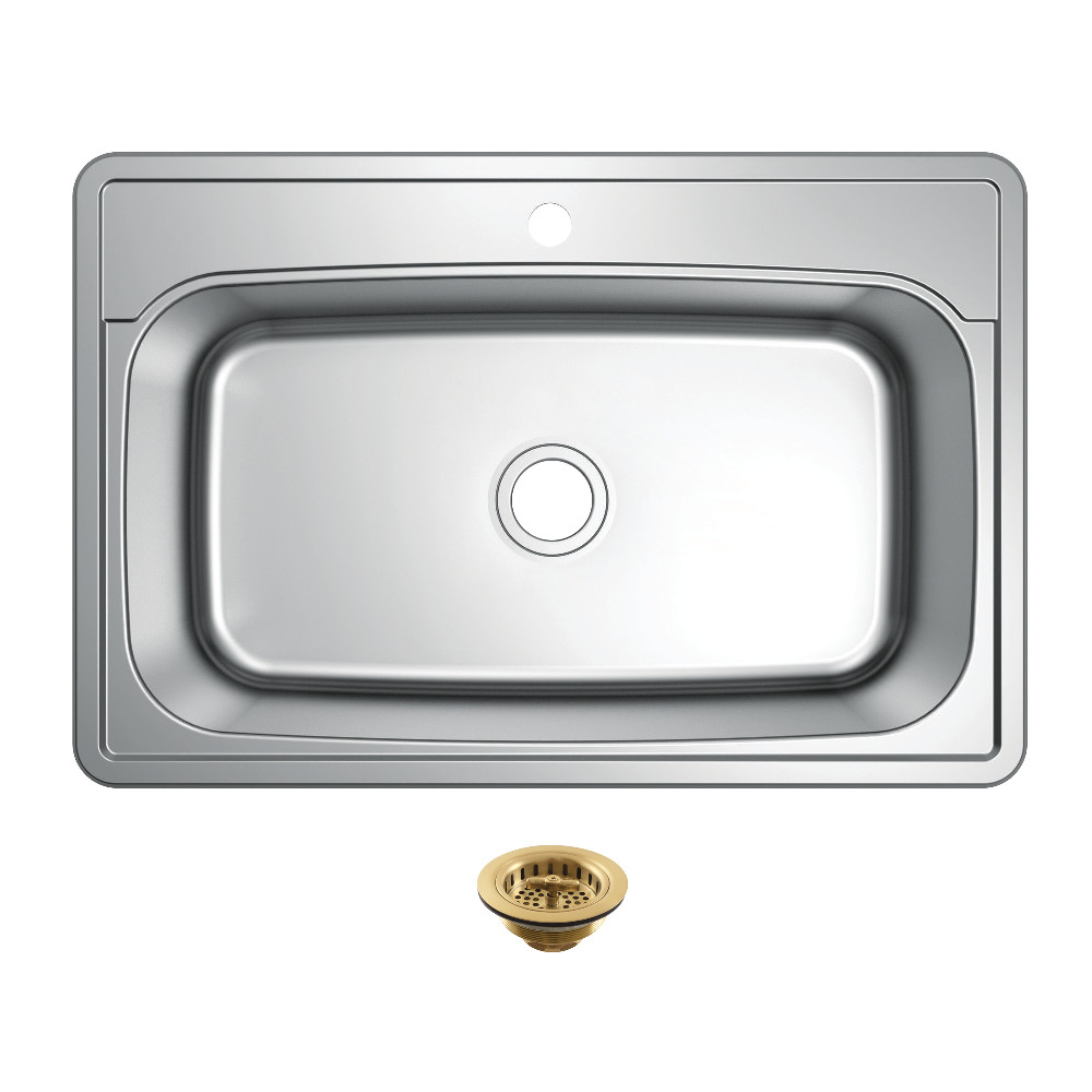 Picture of Kingston Brass KGKTS33229017 33 in. Stainless Steel Self-Rimming Single Bowl Drop-In Kitchen Sink with Strainer - Stainless Steel & Brushed Brass