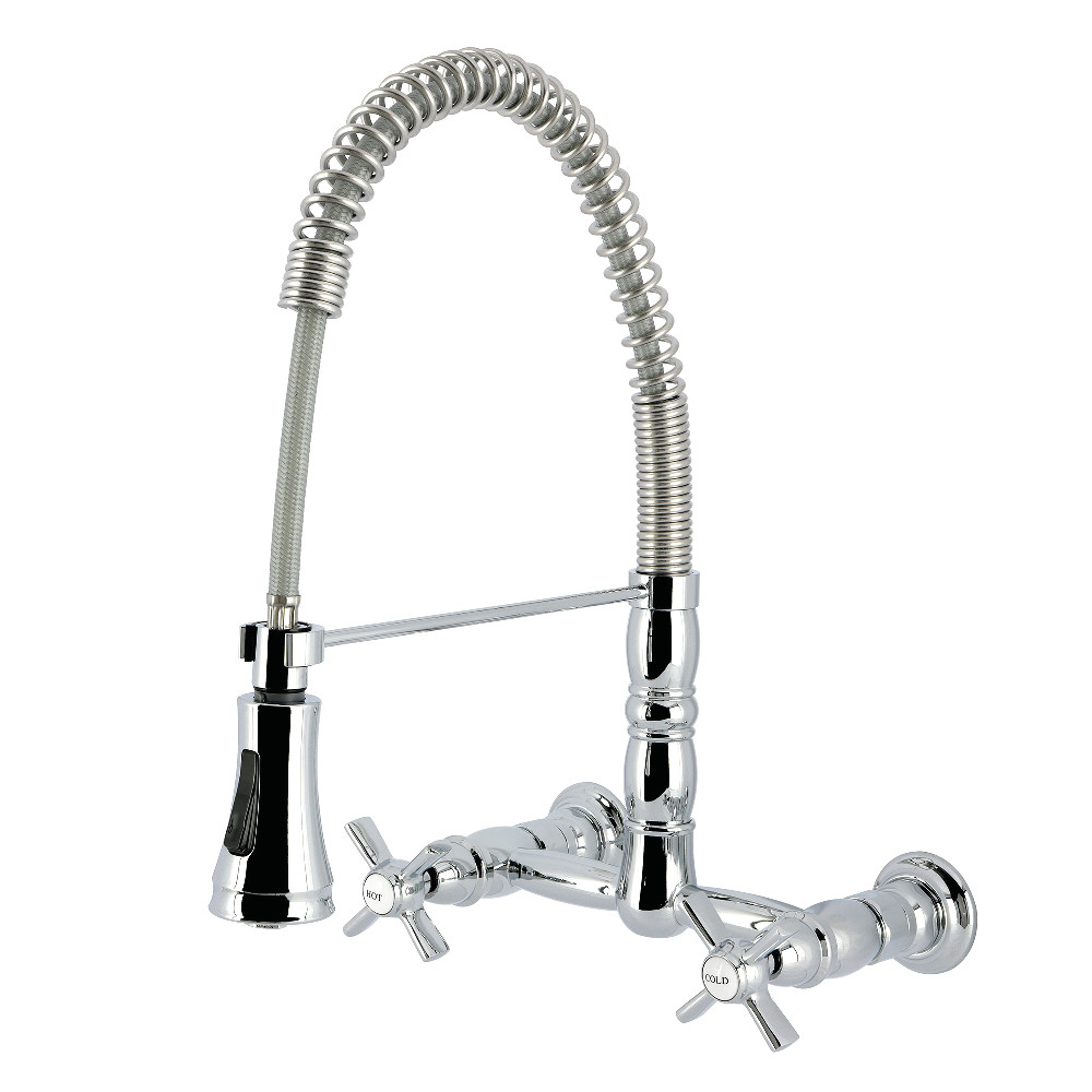 Picture of Kingston Brass GS1241ZX Millennium Double-Handle Wall-Mount Pre-Rinse Bridge Kitchen Faucet, Polished Chrome - 10.38 x 13.13 x 15.94 in.