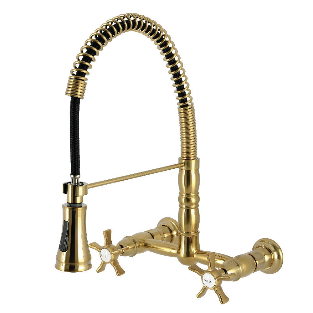 Picture of Kingston Brass GS1247NX Hamilton Double-Handle Wall-Mount Pre-Rinse Bridge Kitchen Faucet - Brushed Brass
