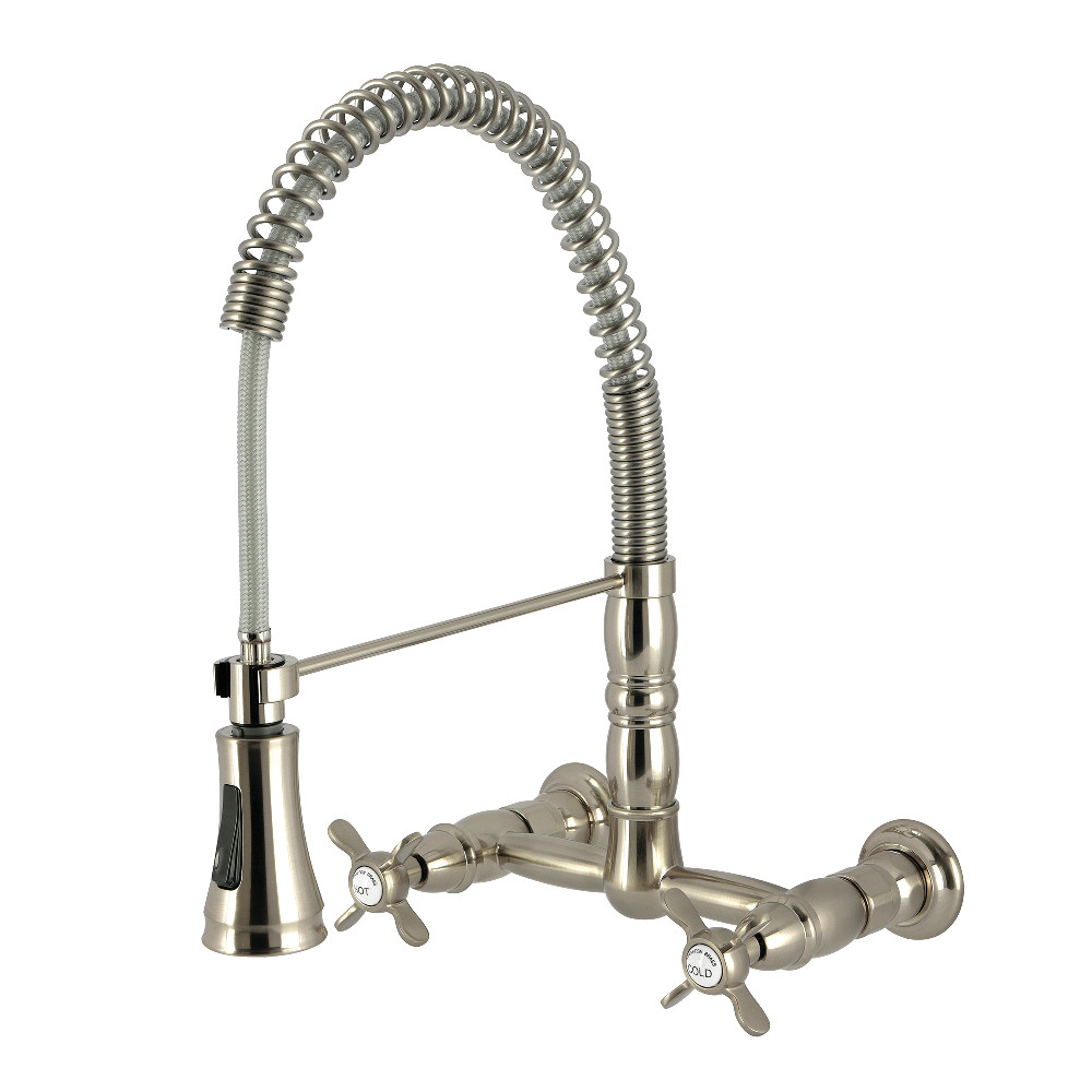 Picture of Kingston Brass GS1248BEX Essex Double-Handle Wall-Mount Pre-Rinse Bridge Kitchen Faucet - Brushed Nickel