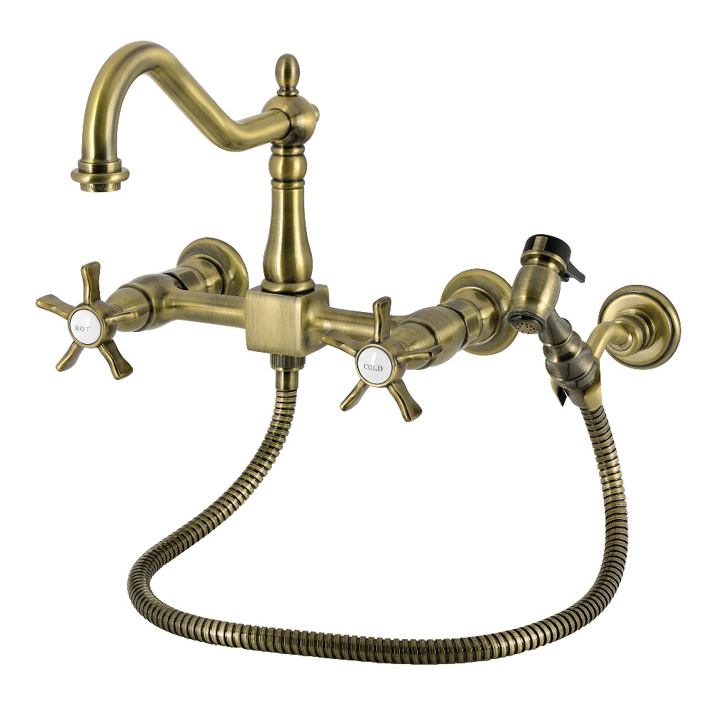 Picture of Kingston Brass KS1243NXBS Hamilton Double-Handle Wall-Mount Bridge Kitchen Faucet with Brass Sprayer - Antique Brass