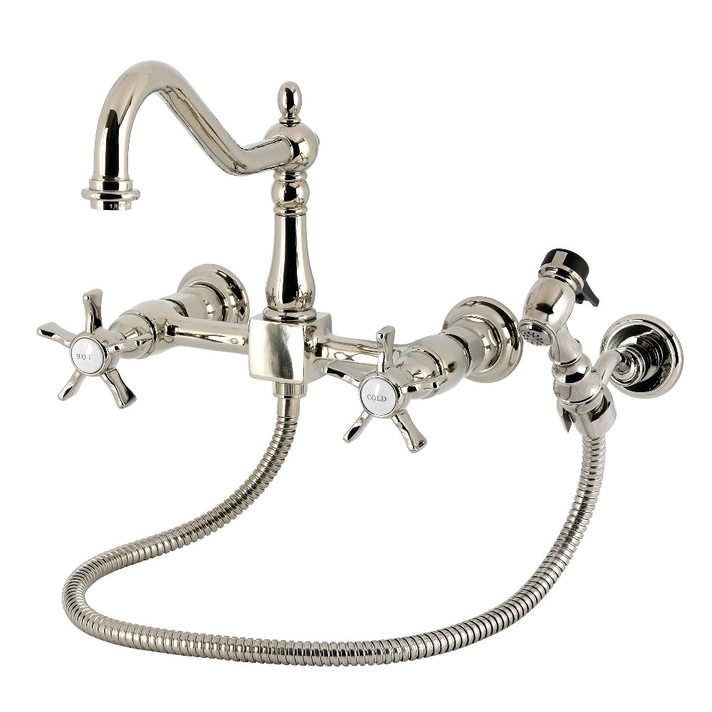 Picture of Kingston Brass KS1246NXBS Hamilton Double-Handle Wall-Mount Bridge Kitchen Faucet with Brass Sprayer - Polished Nickel
