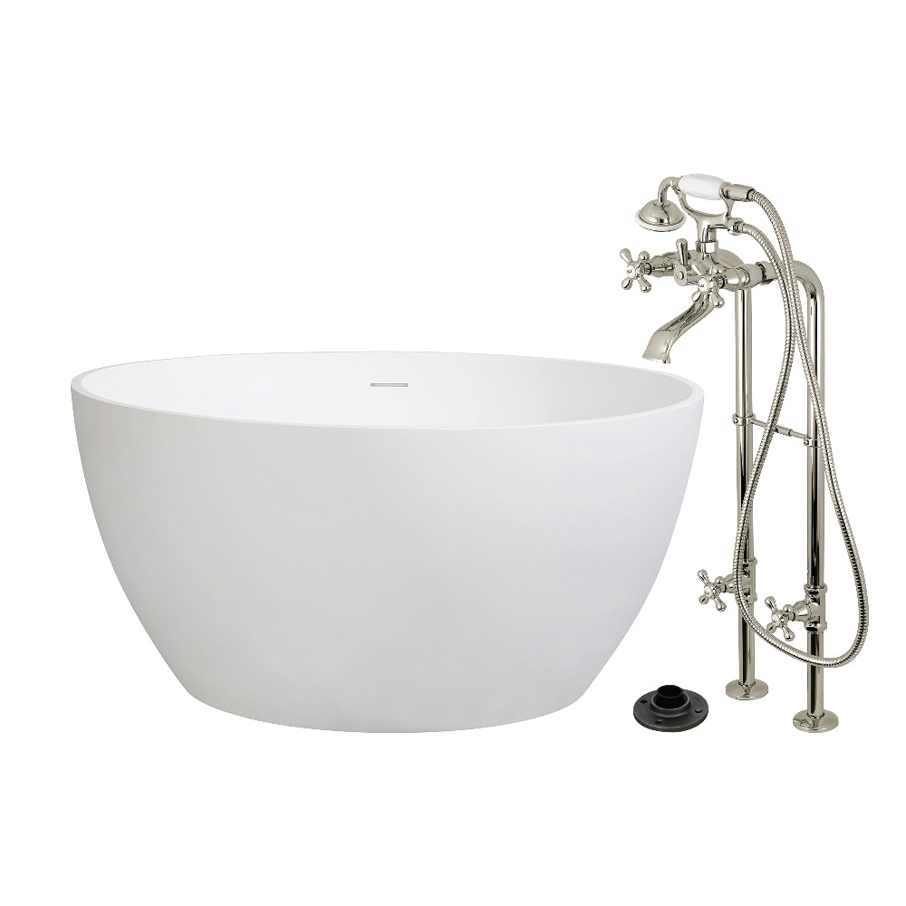 KRTRO4545266K6 45 in. Solid Surface Round Double Ended Freestanding Tub with Faucet Combo & Drain - Polished Nickel