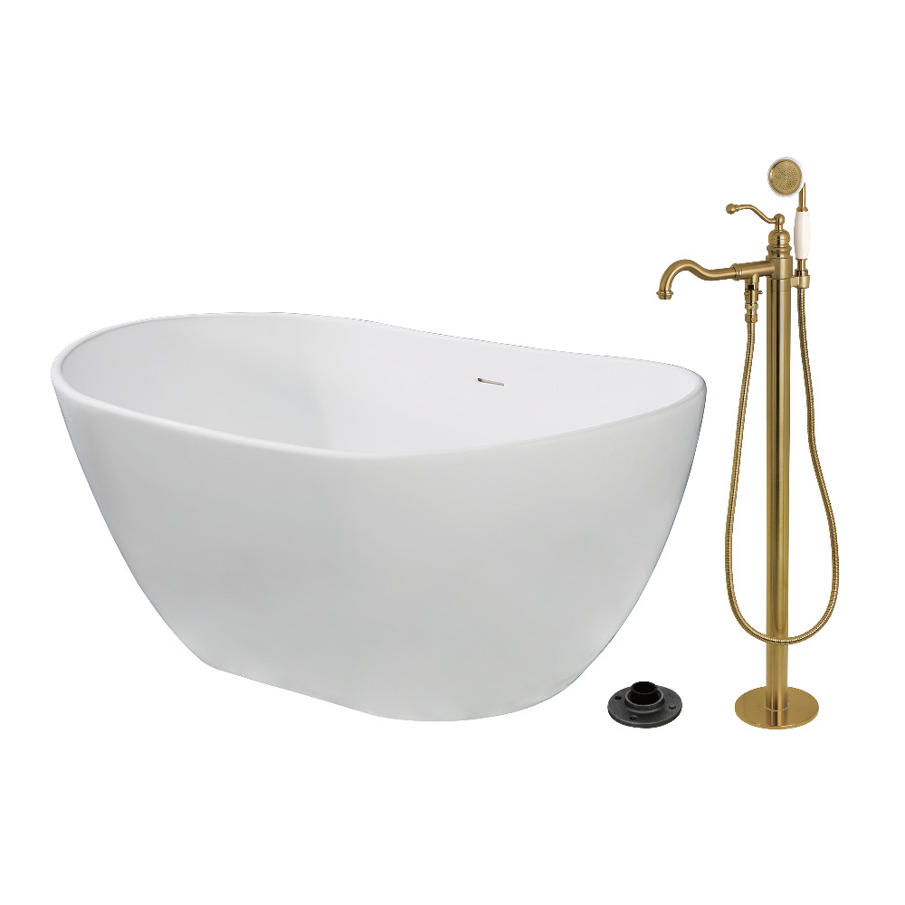 KRTRS5732137AL 57 in. Solid Surface Oval Double Slipper Freestanding Tub with Faucet Combo & Drain - Brushed Brass