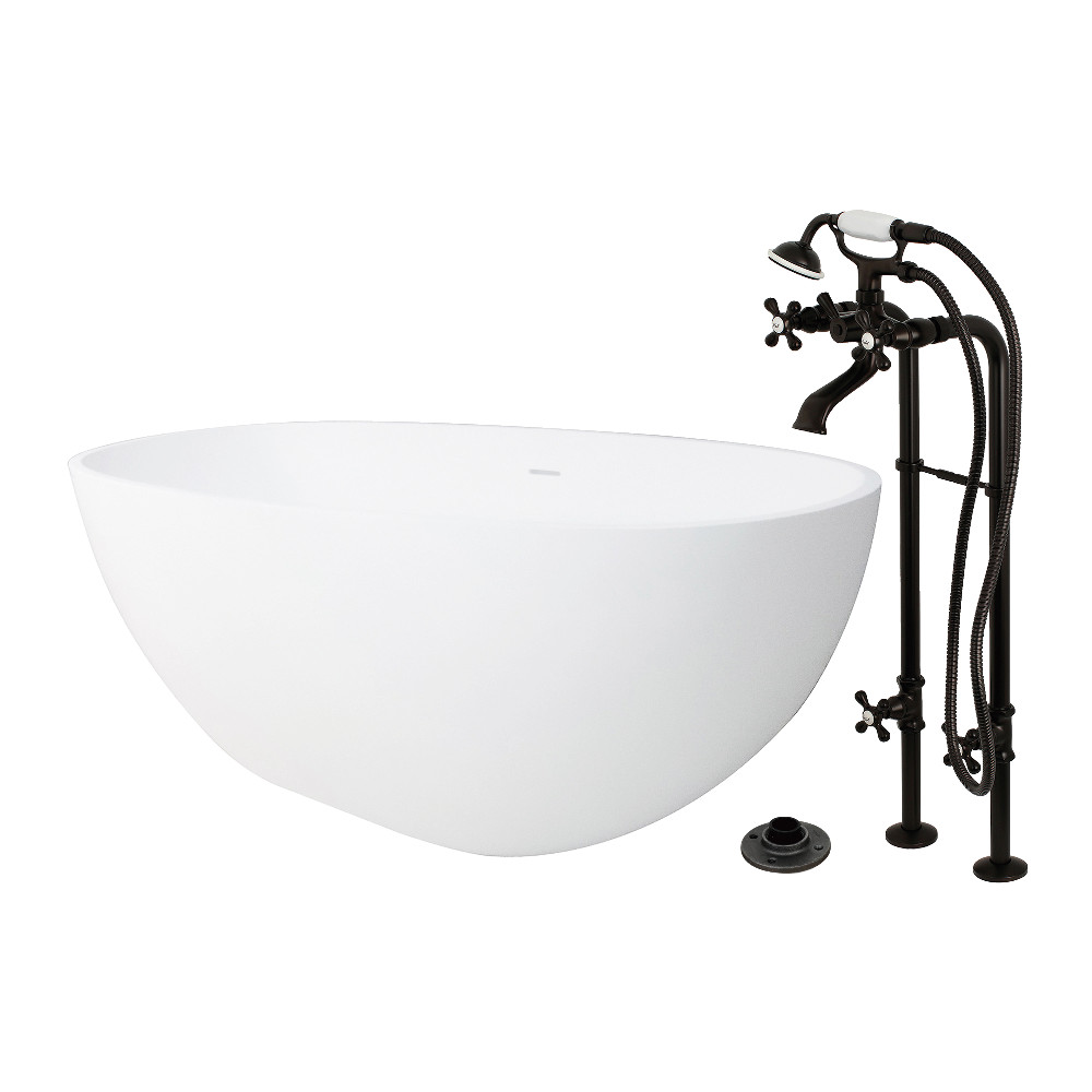 KRTRS6531266K5 65 in. Solid Surface Oval Double Ended Freestanding Tub with Faucet Combo & Drain - Oil Rubbed Bronze