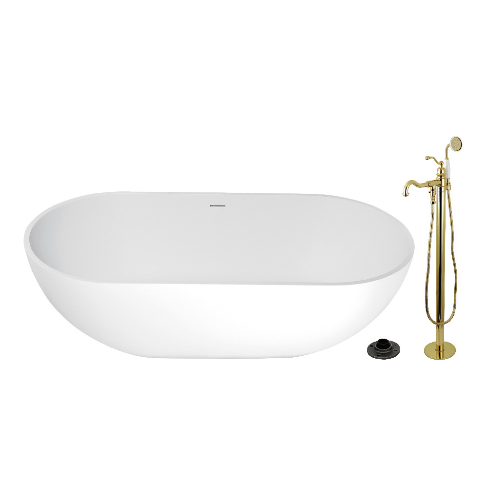 KRTRS7035132AL 70 in. Solid Surface Oval Double Ended Freestanding Tub with Faucet Combo & Drain - Polished Brass