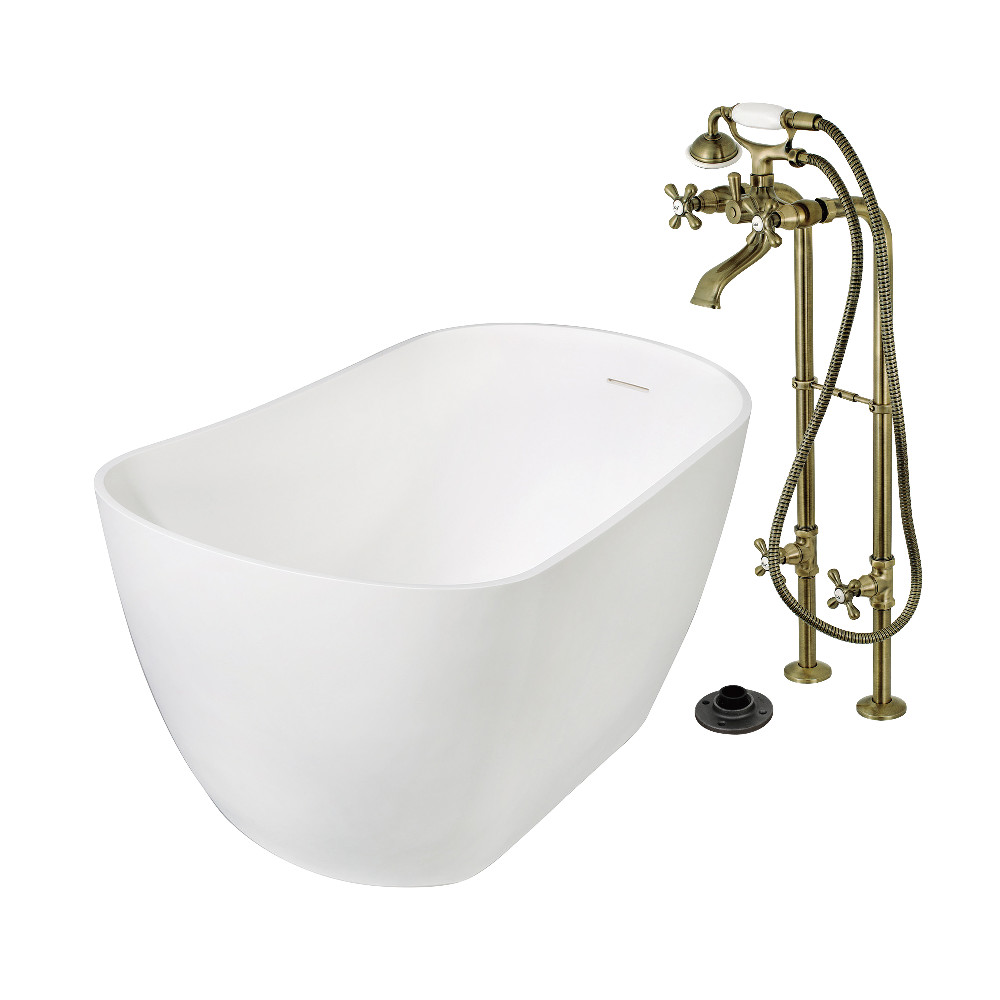 KRTSS5130266K3 51 in. Solid Surface Oval Single Slipper Freestanding Tub with Faucet Combo & Drain - Antique Brass
