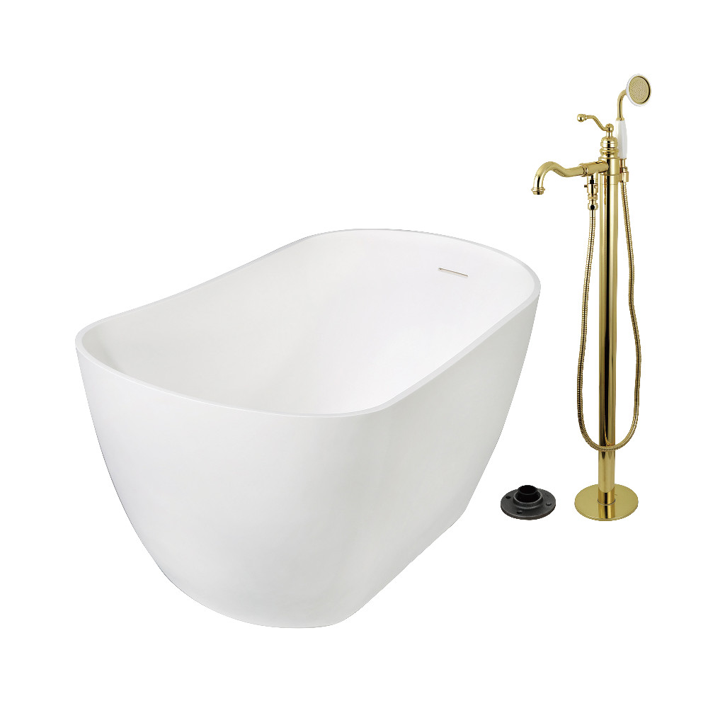 KRTSS5130132AL 51 in. Solid Surface Oval Single Slipper Freestanding Tub with Faucet Combo & Drain - Polished Brass