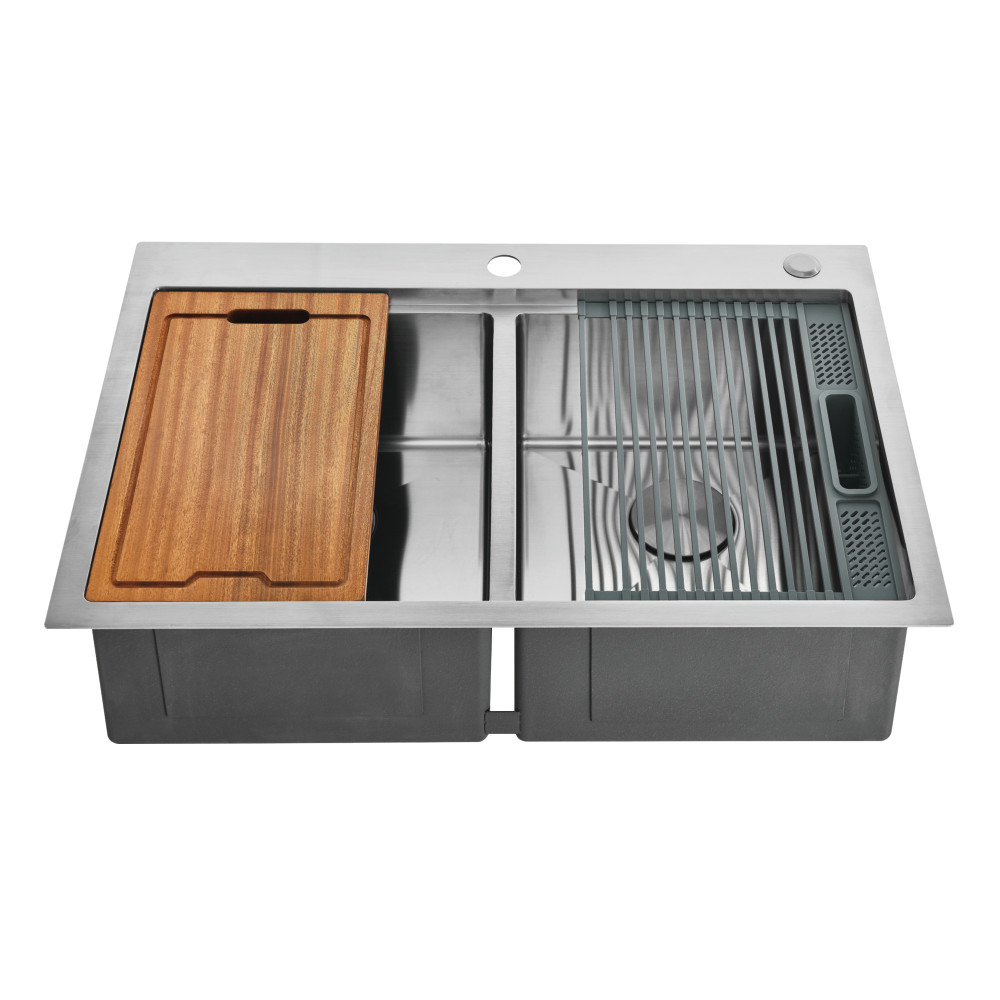 Picture of Kingston Brass GKDD332292 Uptowne 33 in. Stainless Steel Double Bowl Dual Mount Kitchen Sink with Kitchen Accessory Set - Brushed - 6 Piece