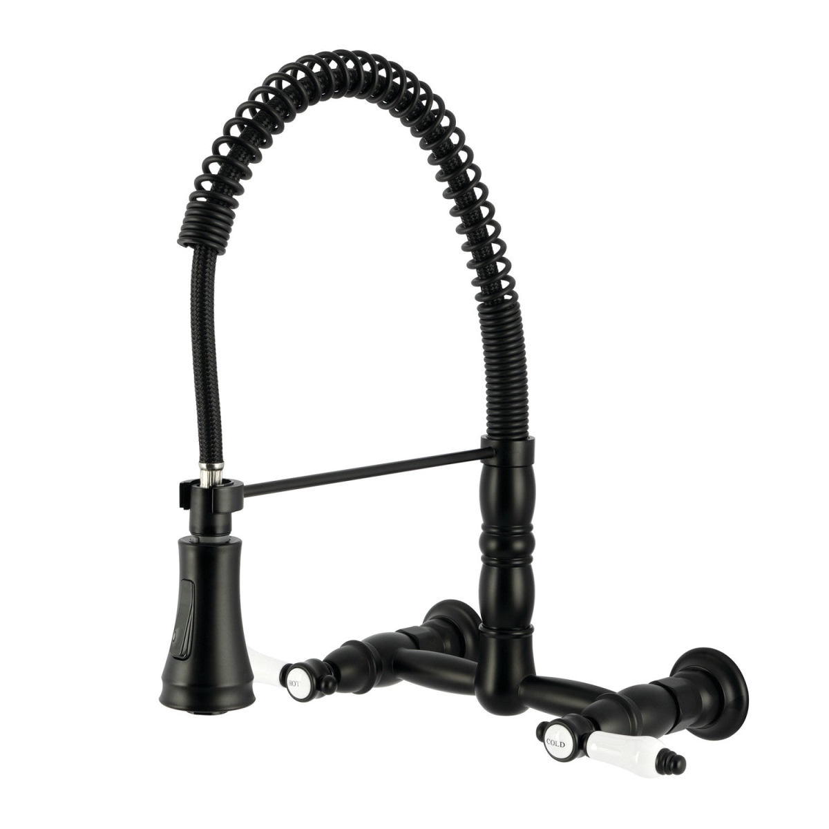 Picture of Kingston Brass GS1240BPL 14.125 x 13.125 x 15.937 in. Bel-Air Double-Handle Wall-Mount Pre-Rinse Bridge Kitchen Faucet, Matte Black