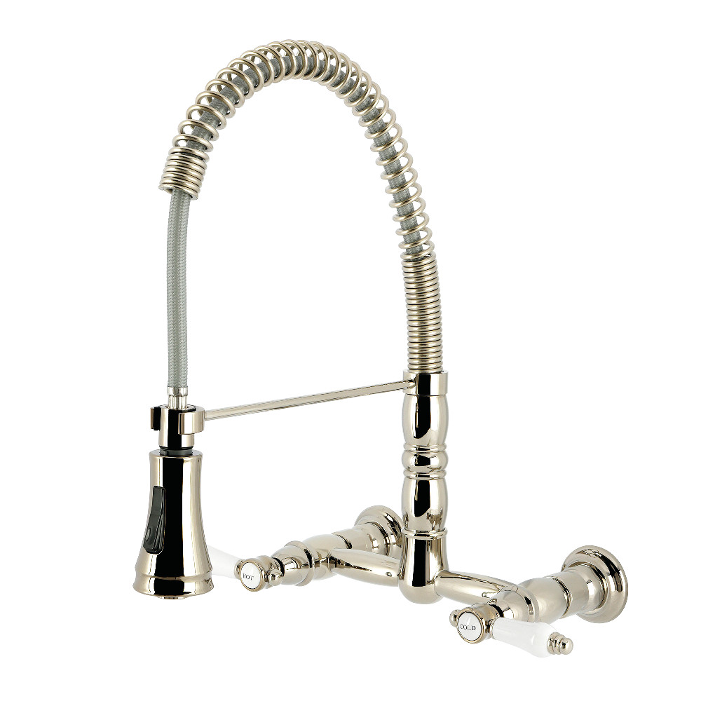 Picture of Kingston Brass GS1246BPL Bel-Air Double-Handle Wall-Mount Pre-Rinse Bridge Kitchen Faucet, Polished Nickel - 14.13 x 13.13 x 15.94 in.