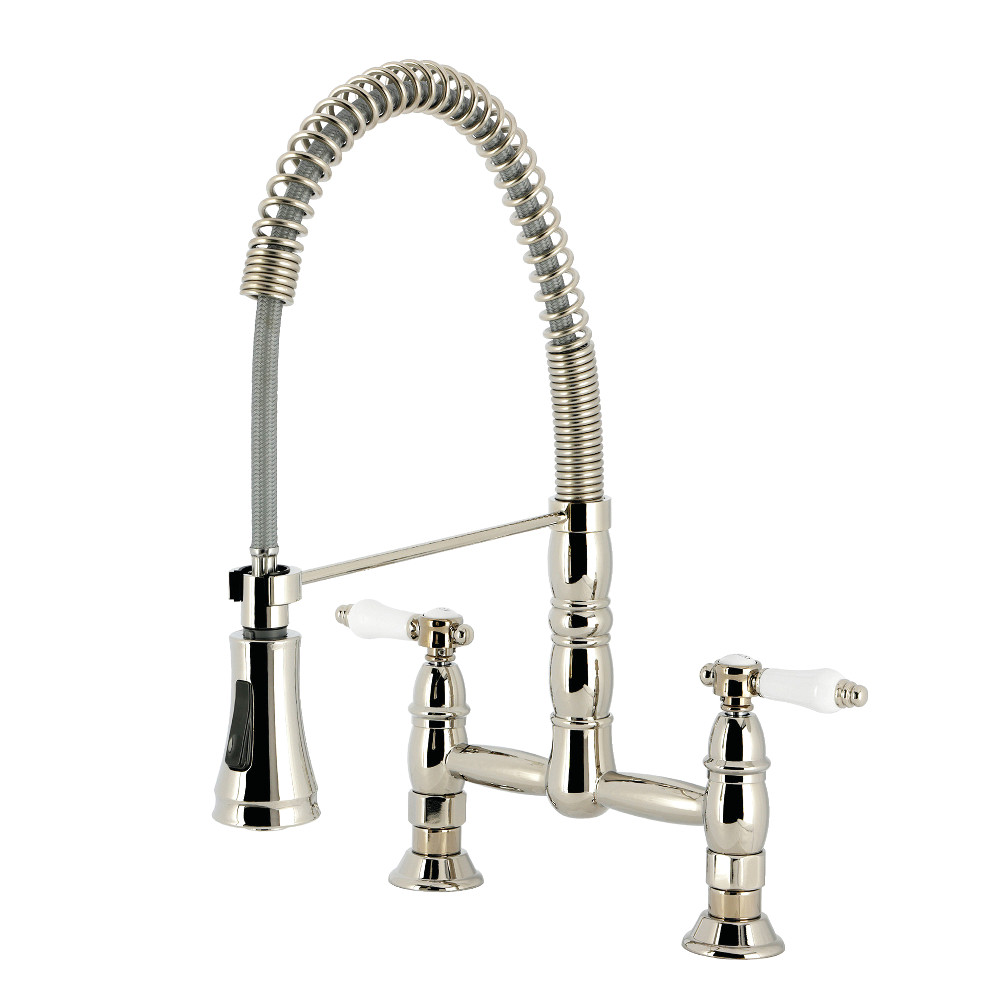 Picture of Kingston Brass GS1276BPL Bel-Air Double-Handle Deck-Mount Pre-Rinse Bridge Kitchen Faucet - Polished Nickel