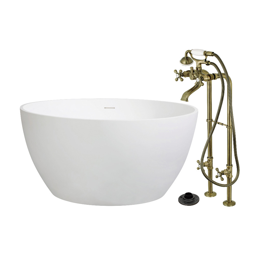 KRTRO4545266K3 45 in. Solid Surface Round Double Ended Freestanding Tub with Faucet Combo & Drain - Antique Brass