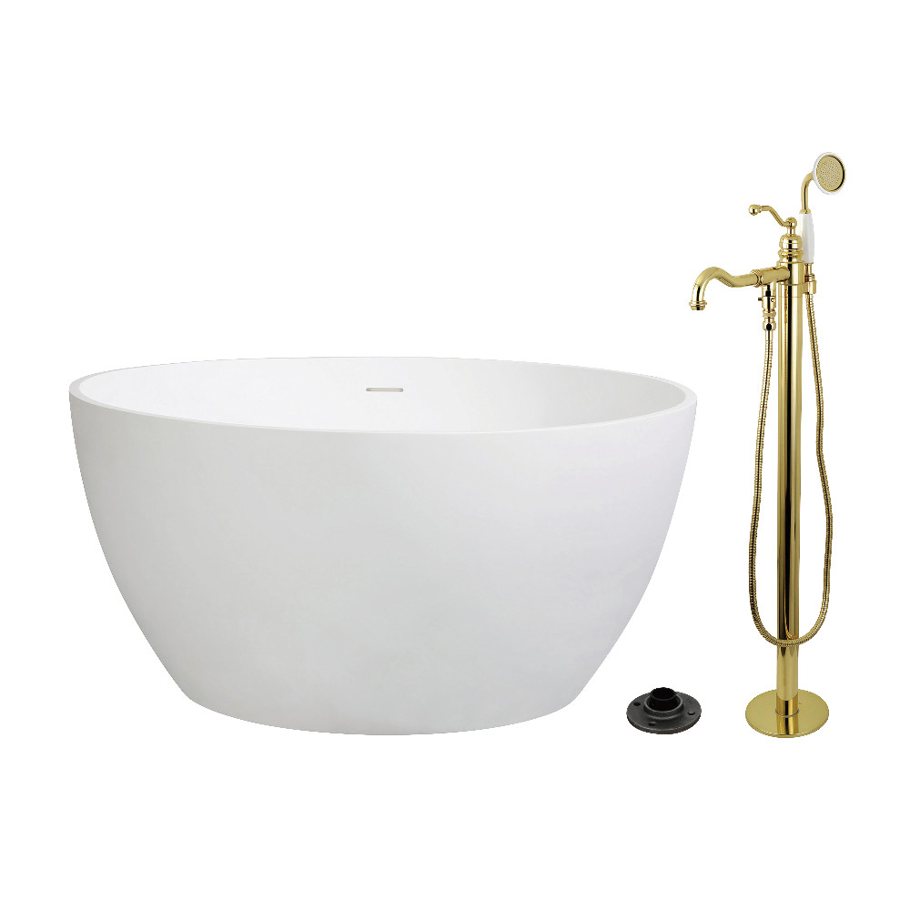 KRTRO4545132AL 45.53 x 45.53 x 22.43 in. Solid Surface Round Double Ended Freestanding Tub with Faucet Combo & Drain - Polished Brass