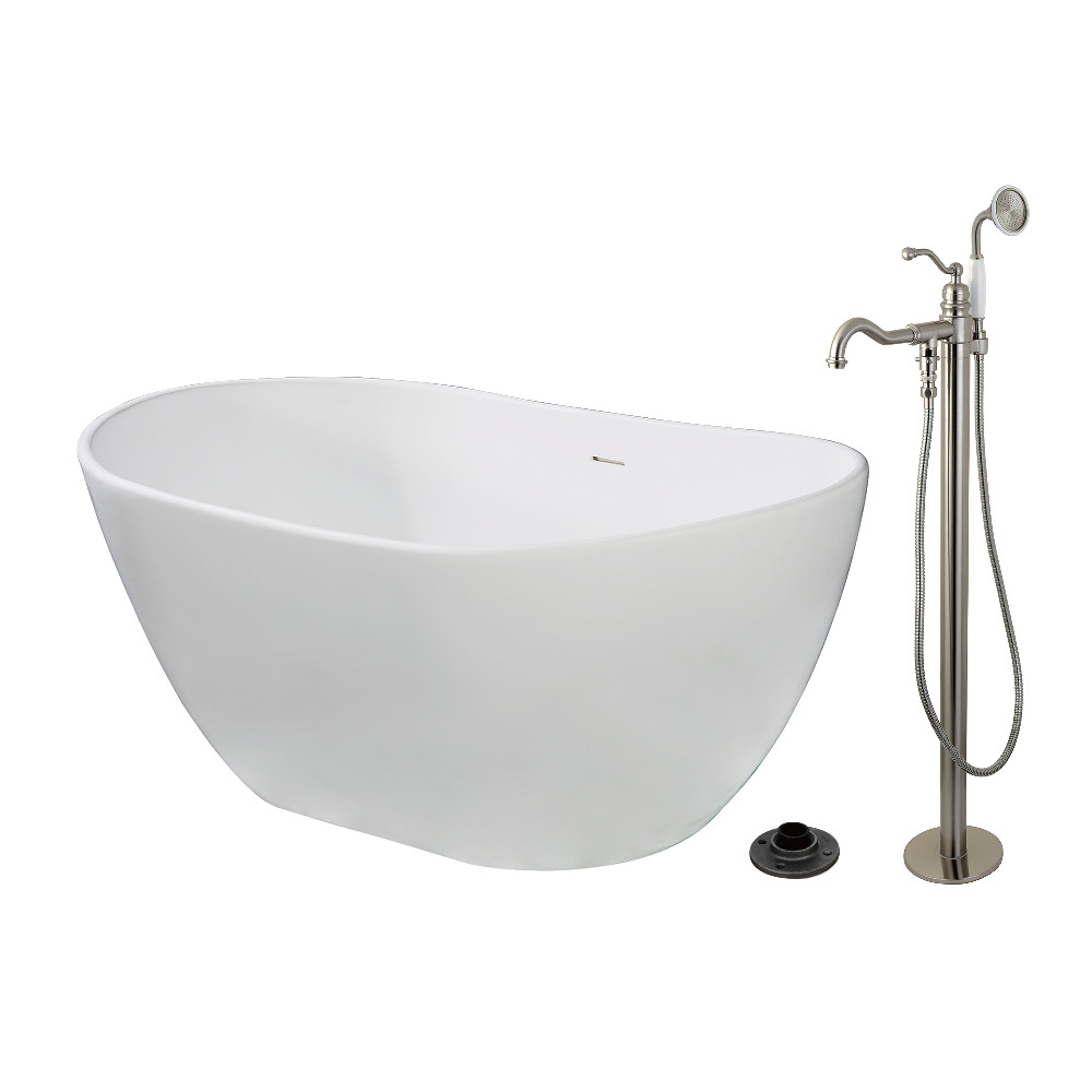 KRTRS5732138AL 57 in. Solid Surface Oval Double Slipper Freestanding Tub with Faucet Combo & Drain - Brushed Nickel
