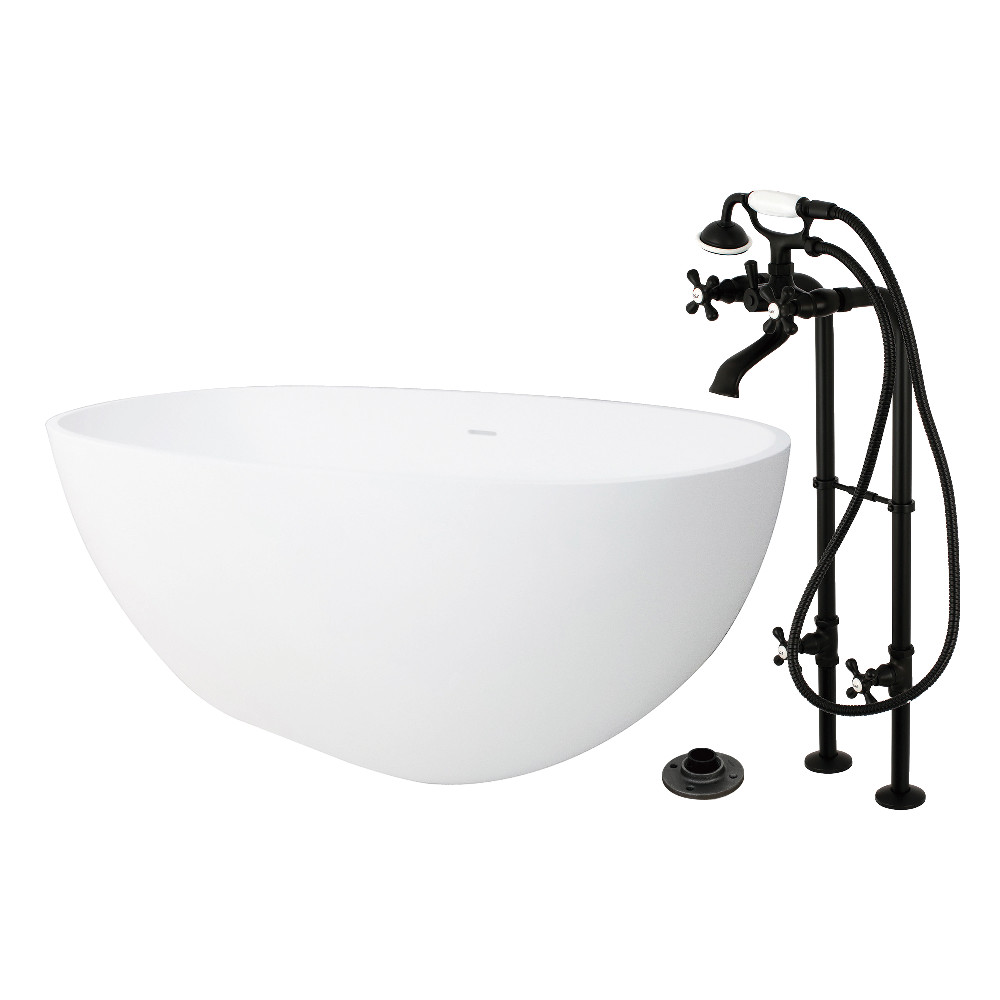KRTRS6531266K0 65 in. Solid Surface Oval Double Ended Freestanding Tub with Faucet Combo & Drain - Matte Black