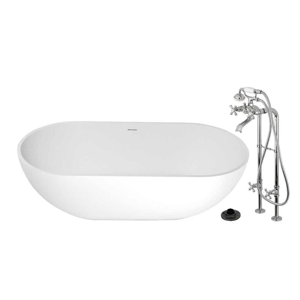 KRTRS7035266K1 70 in. Solid Surface Oval Double Ended Freestanding Tub with Faucet Combo & Drain - Polished Chrome