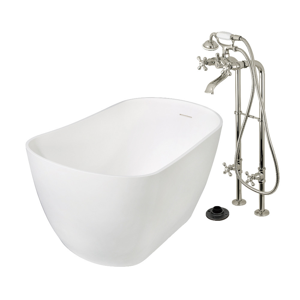 KRTSS5130266K6 51 in. Solid Surface Oval Single Slipper Freestanding Tub with Faucet Combo & Drain - Polished Nickel