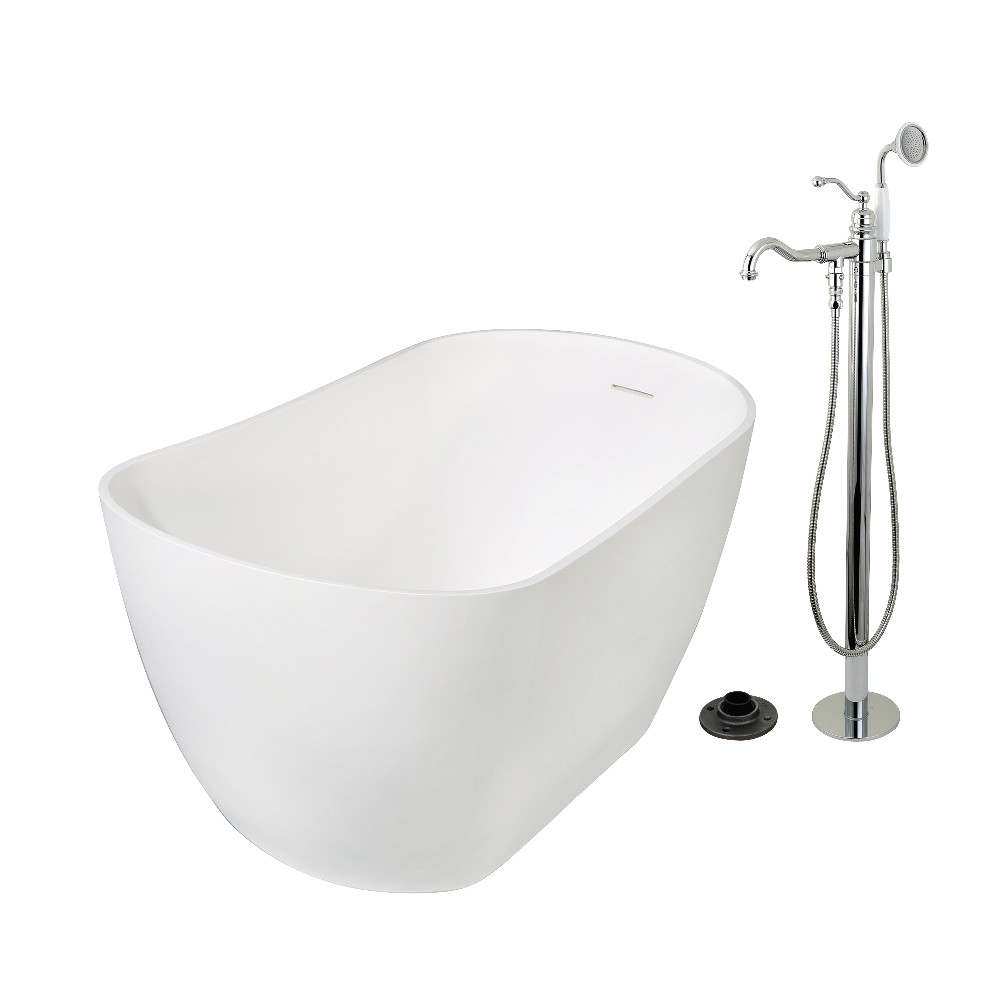 KRTSS5130131AL 51.53 x 28.37 x 24.81 in. Solid Surface Oval Single Slipper Freestanding Tub with Faucet Combo & Drain - Polished Chrome