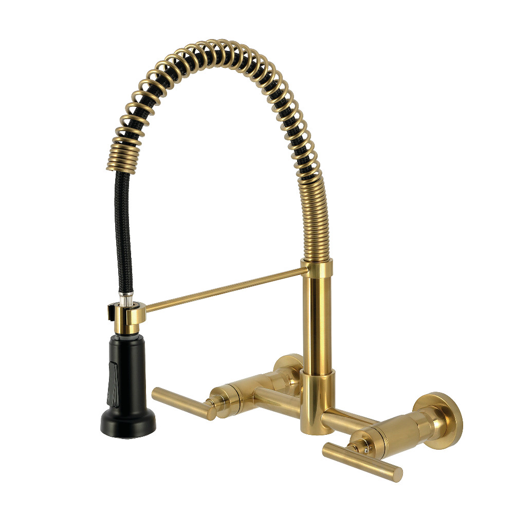 Picture of Kingston Brass GS8187CML Manhattan Double-Handle Wall-Mount Pre-Rinse Bridge Kitchen Faucet - Brushed Brass