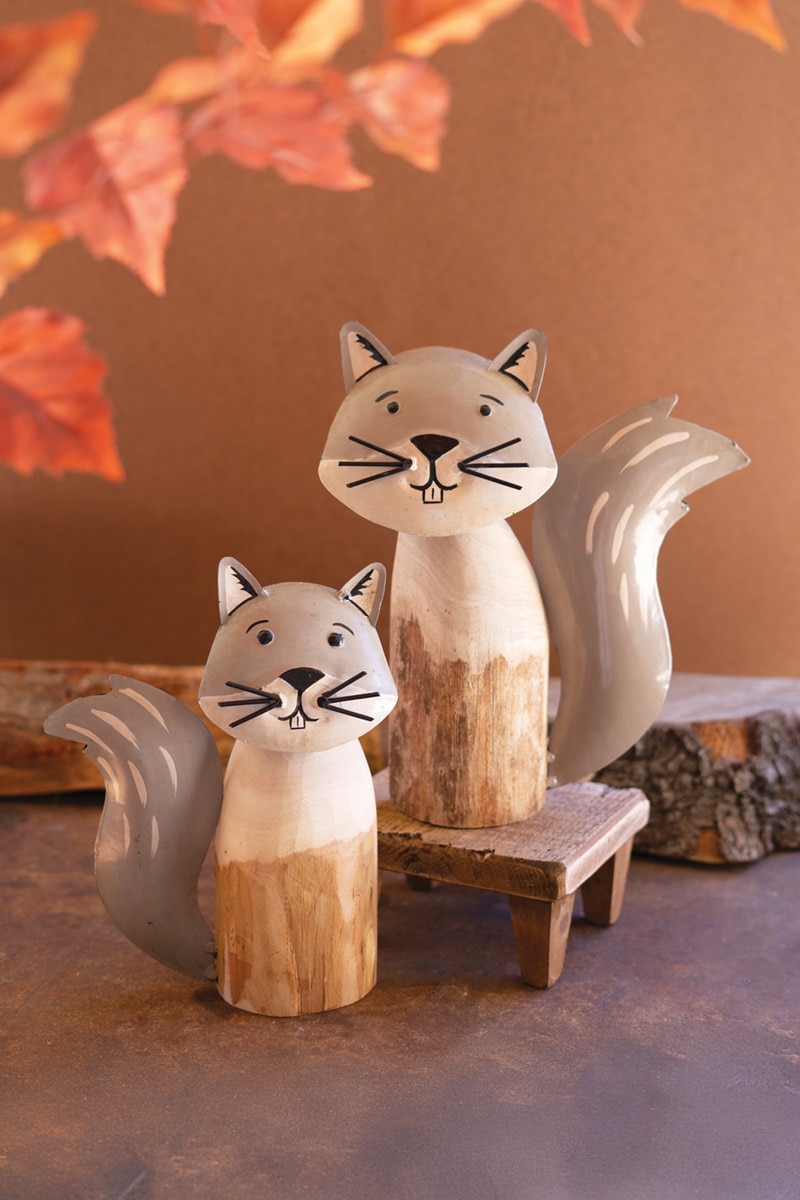 NTM1452 Recycled Wood & Iron Squirrels Accents Sculpture, Multi Color