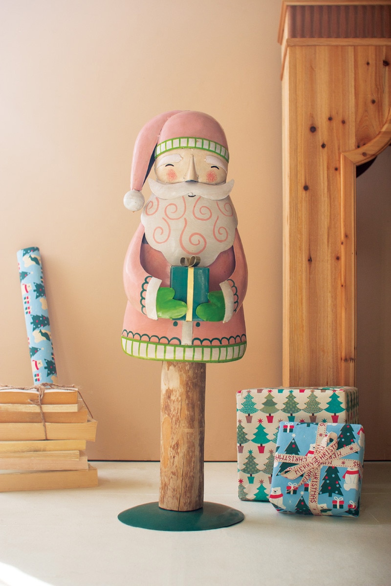 NTM1454 Painted Metal Santa on Wooden Base, Multi Color