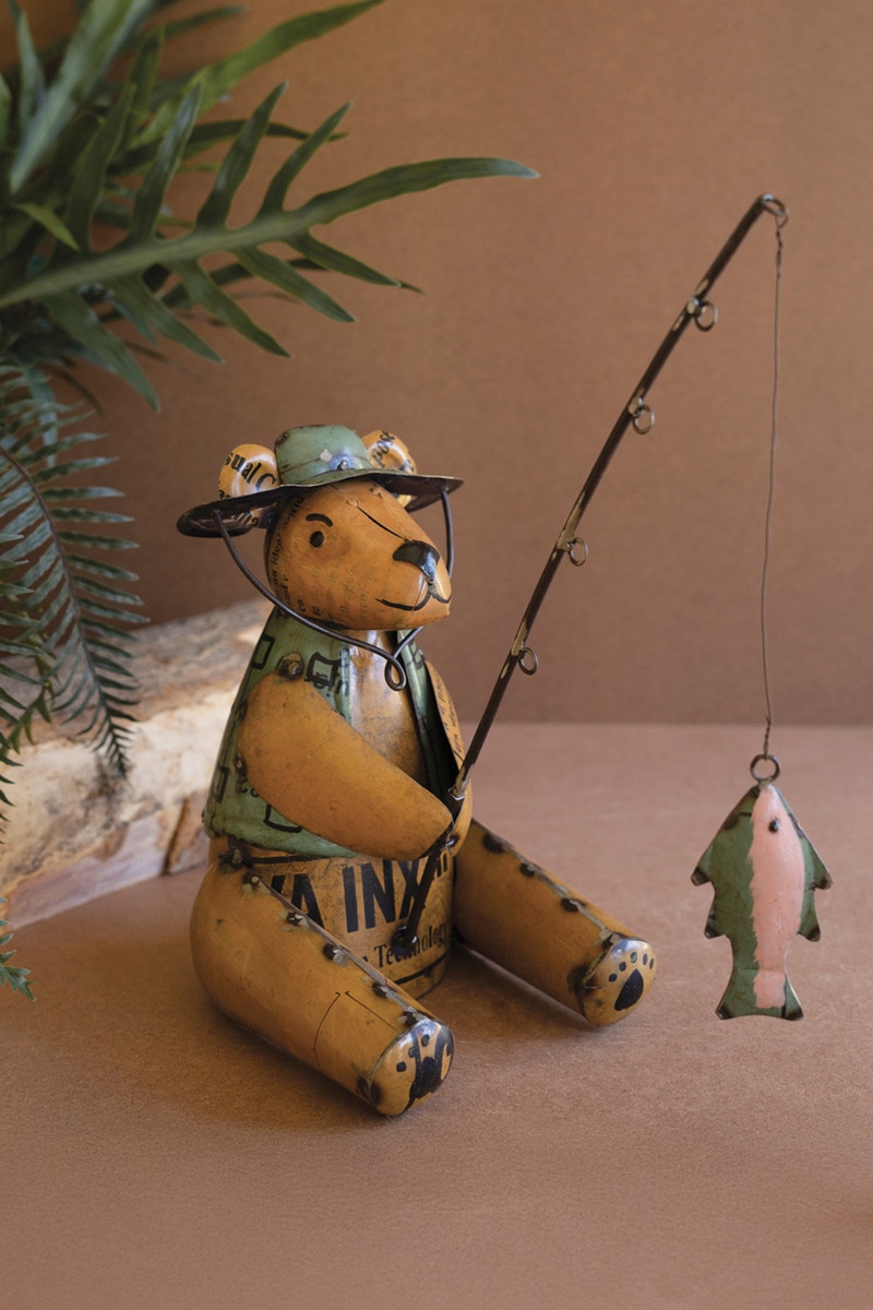 NTM1458 Iron Brown Bear Fishing Sculpture, Multi Color