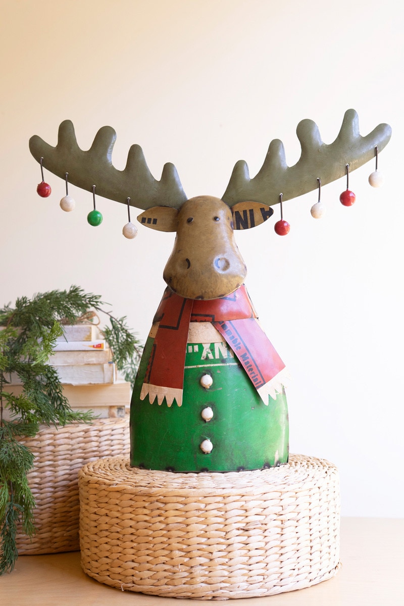 NTM1459 Recycled Metal Christmas Moose with Ornaments, Multi Color