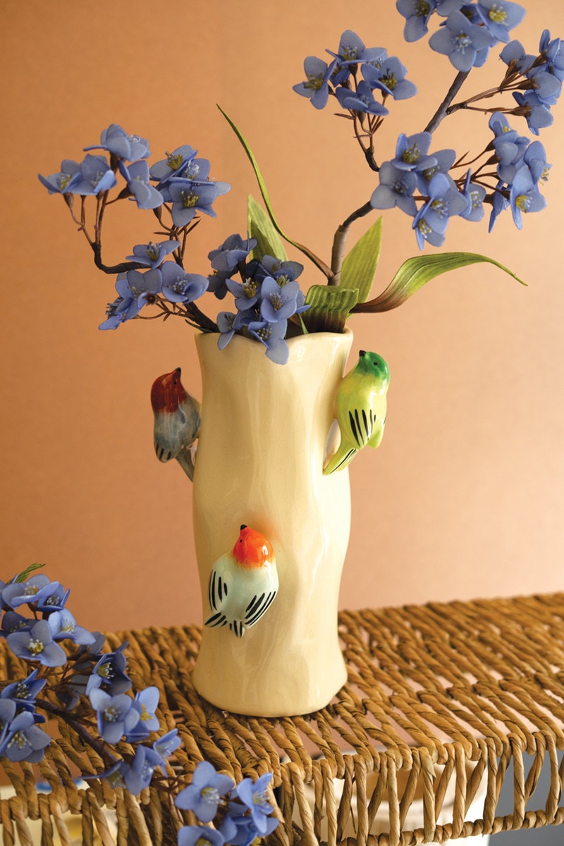 CST1020K Ceramic Log Vase with Colorful Birds