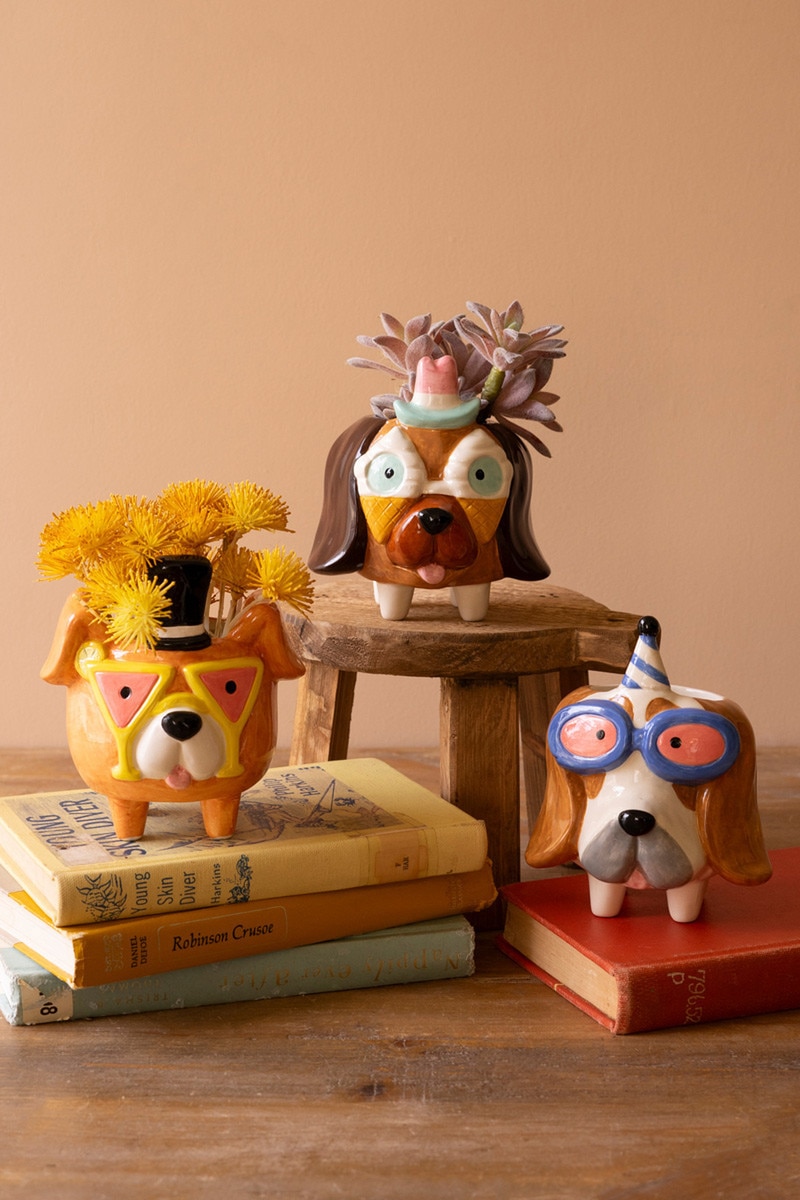 CTEN1019K Ceramic Party Puppy Planters, Multi Color - Set of 3